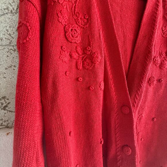Vintage 90s Cardigan Floral Embroidered Red Sweater Women’s M Cottagecore Preppy - Picture 5 of 6